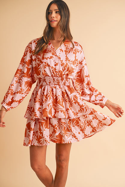 Brown Floral Puff Sleeve Shirred Waist Layered Dress