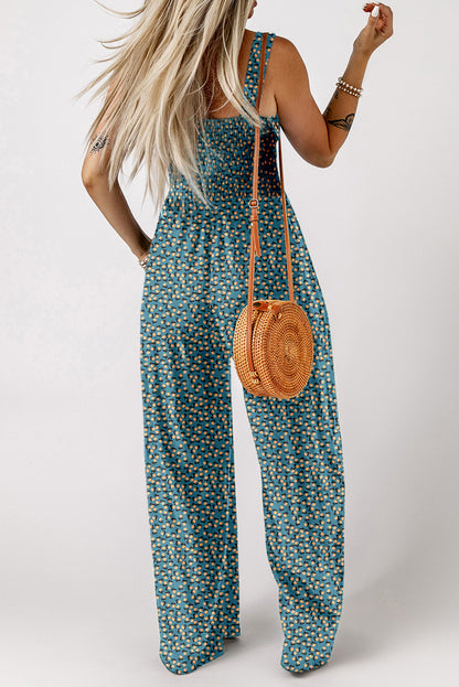 Black Floral Square Neckline Stretch High Waist Jumpsuit