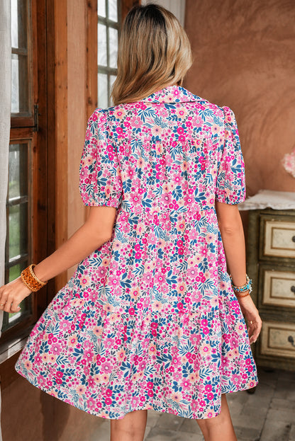 Pink Allover Floral Print Collar Half Button Short Sleeve Loose Dress