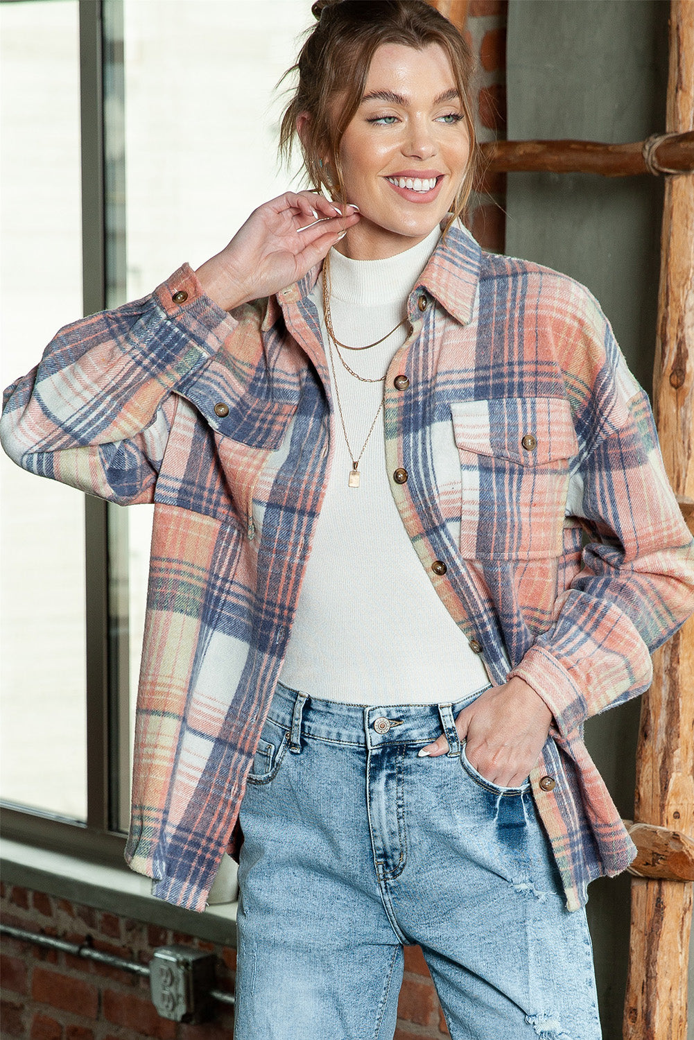 Gold Flame & Grey Plaid Button Up Collared Flannel Jacket