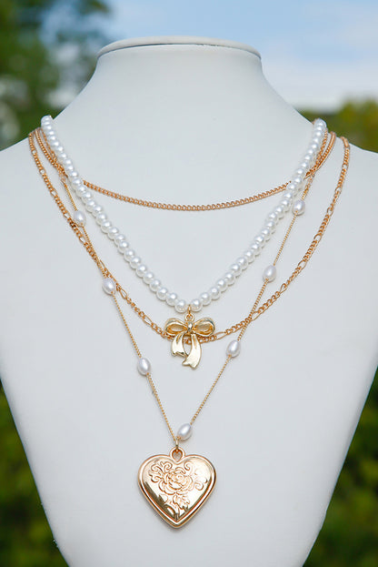 Gold Heart Pendant Pearl Chain Multi Layer Necklace