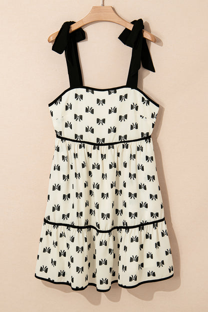 White Bow Contrast Trim Knotted Shoulder Mini Dress