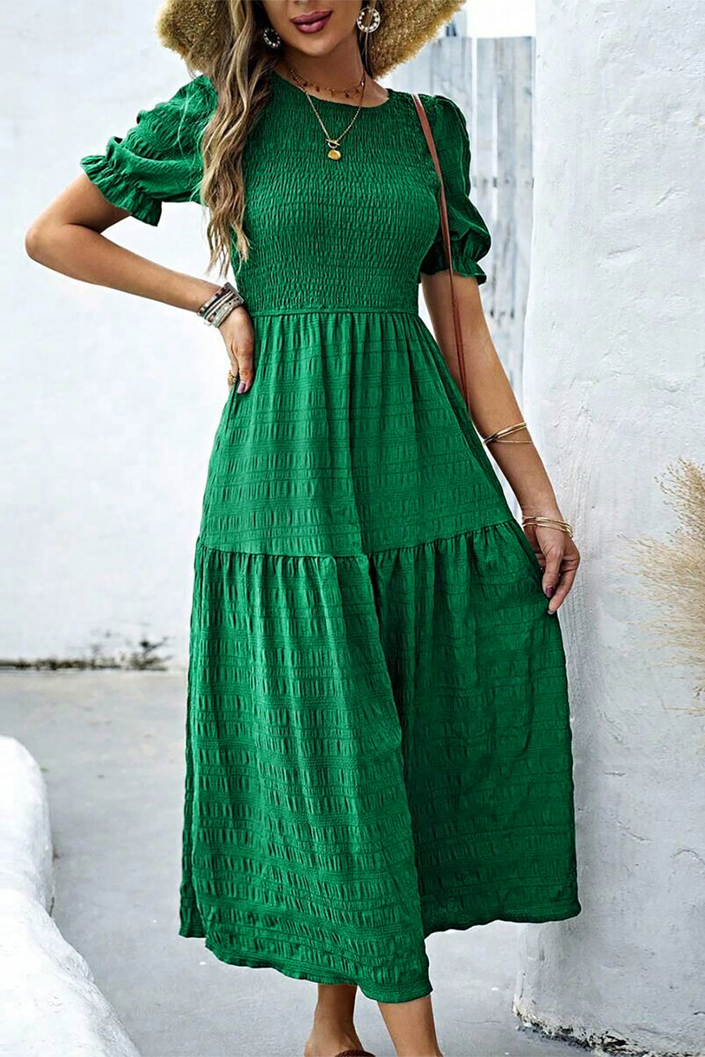 Dark Green Solid Textured Shirred High Waist Midi Dress