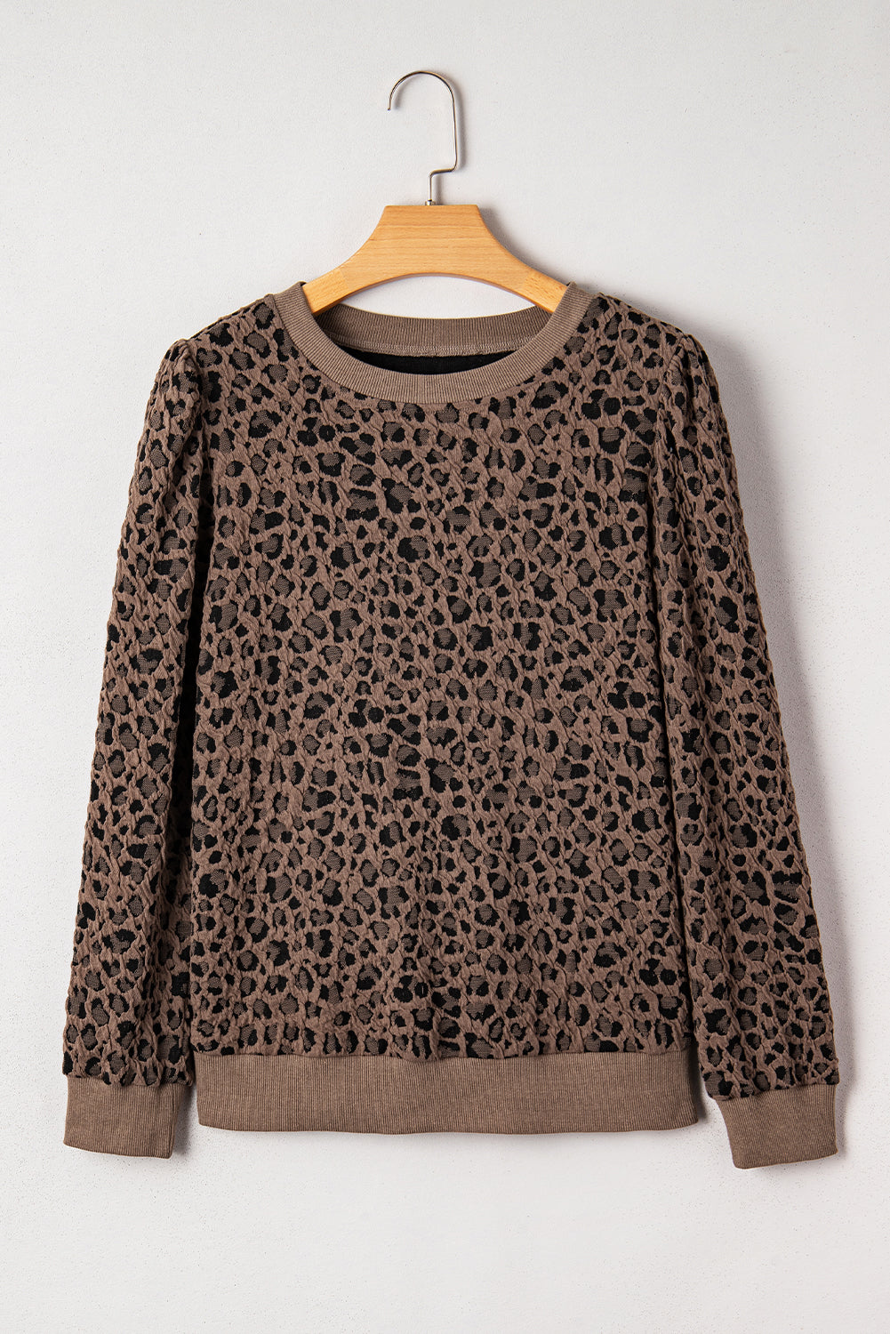 Brown Ribbed Trim Leopard Print Long Sleeve Top