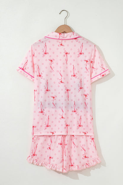 Beige Floral Print Ruffle Hem Shorts Pajama Set