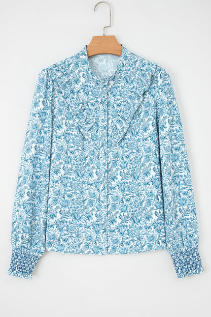 Sky Blue All Over Floral Puff Sleeve Shirt