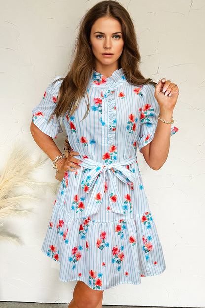 Sky Blue Striped Floral Print Ruffle Belted Mini Dress