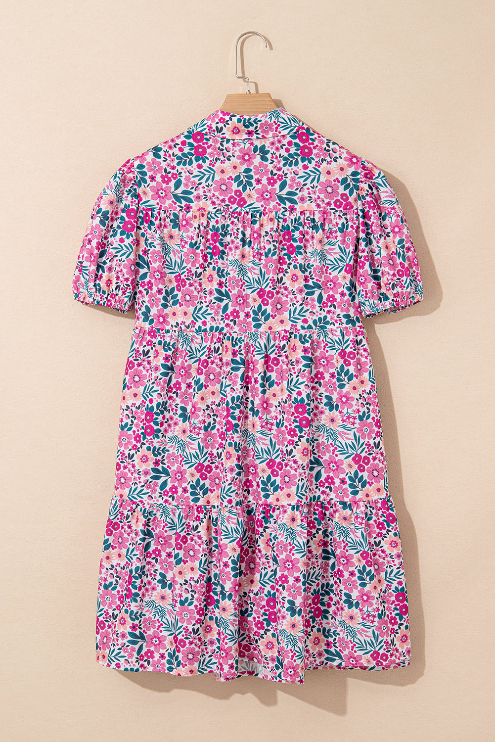 Pink Allover Floral Print Collar Half Button Short Sleeve Loose Dress