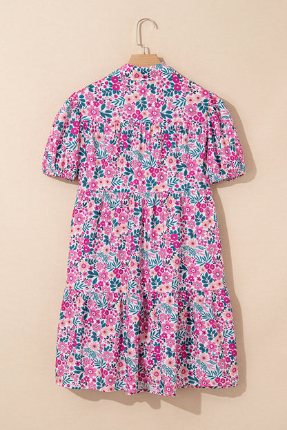Pink Allover Floral Print Collar Half Button Short Sleeve Loose Dress