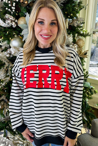 Black Stripe MERRY Letter Print Christmas Sweatshirt