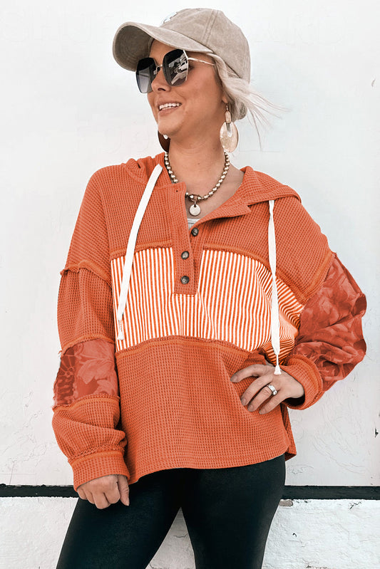 Cinnamon Striped Waffle Patchwork Drawstring Hooded Long Sleeve Top