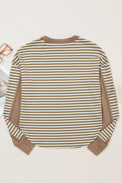 Khaki Stripe Patchwork Knit Drop Shoulder Top
