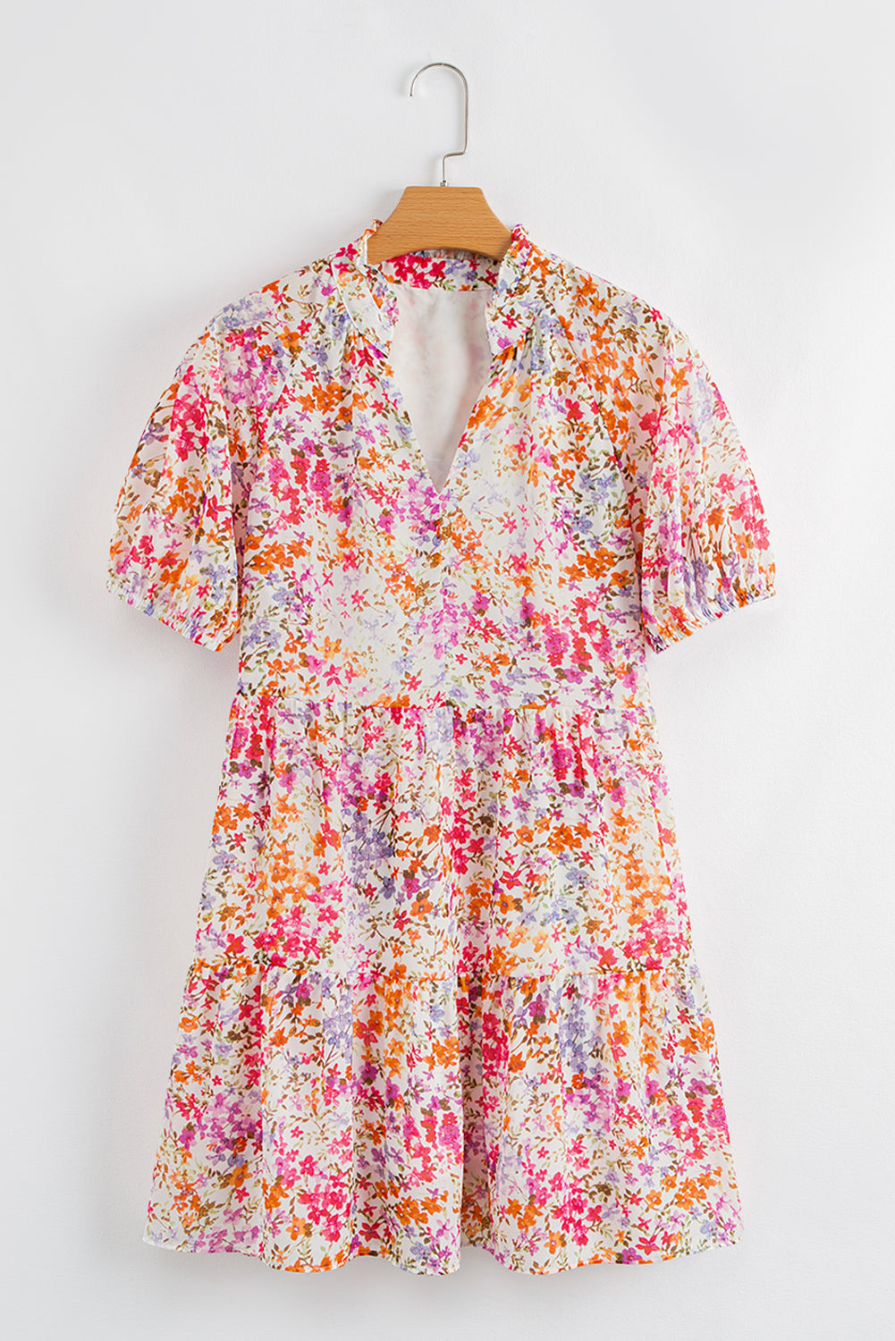 Red Floral Print Notched V Neck Puff Sleeve Tiered Mini Dress