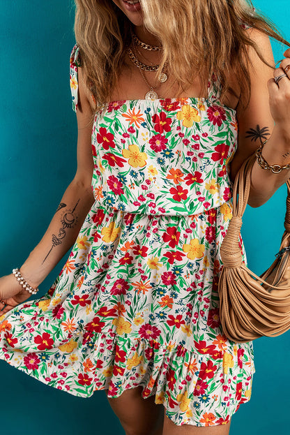 Red Floral Print Knotted Strap Cinched Waist Ruffle Hem Mini Dress