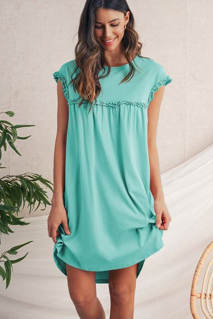 Mint Green Frilled Trim Crewneck Loose Fit Mini Dress