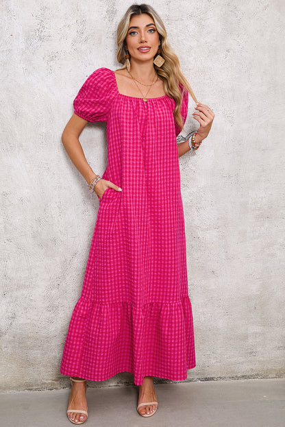 Rose Plaid Square Neck Puff Sleeve Maxi Dress