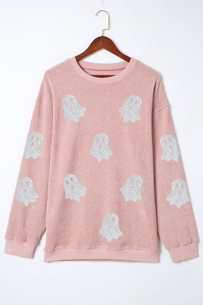 Blue Halloween Ghost Corded Crew Neck Loose Sweatshirt