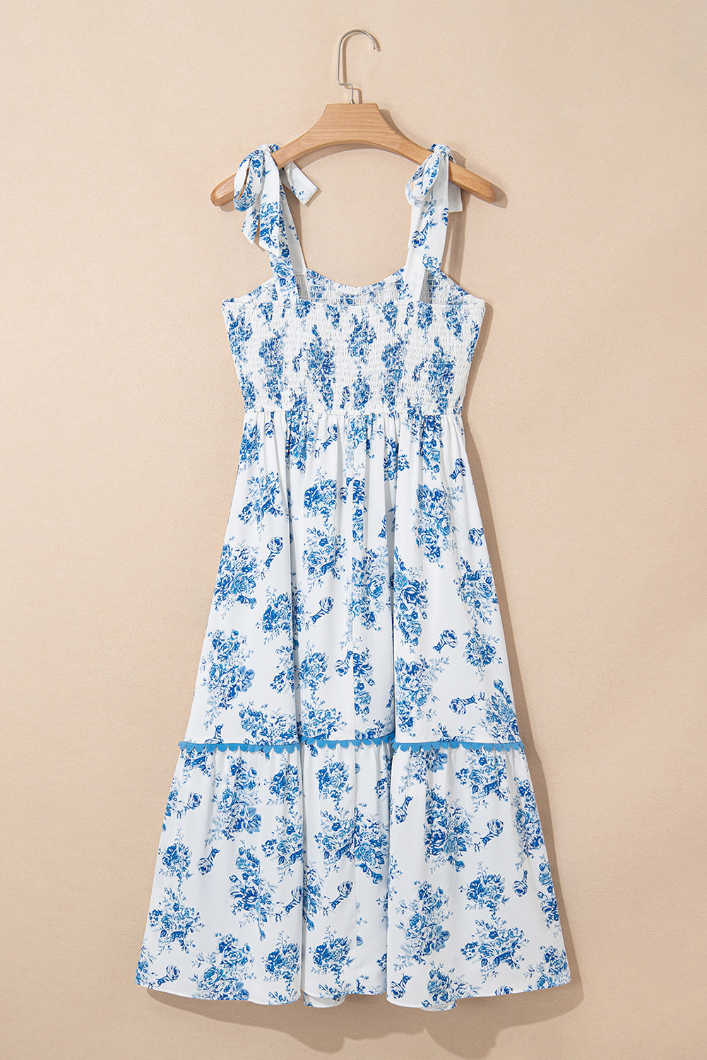 Sky Blue Floral Print Smocked Knot Shoulder Sleeveless Midi Dress