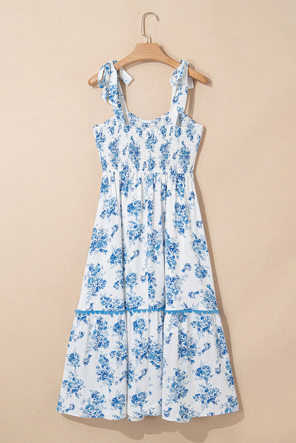 Sky Blue Floral Print Smocked Knot Shoulder Sleeveless Midi Dress
