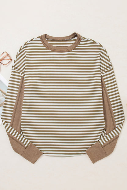 Khaki Stripe Patchwork Knit Drop Shoulder Top