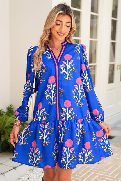 Sky Blue Floral Print Pop of Color V Neck Mini Dress