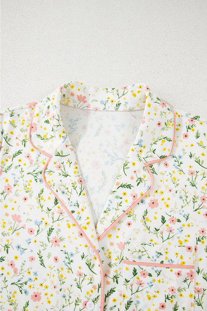 Beige Floral Print Ruffle Hem Shorts Pajama Set