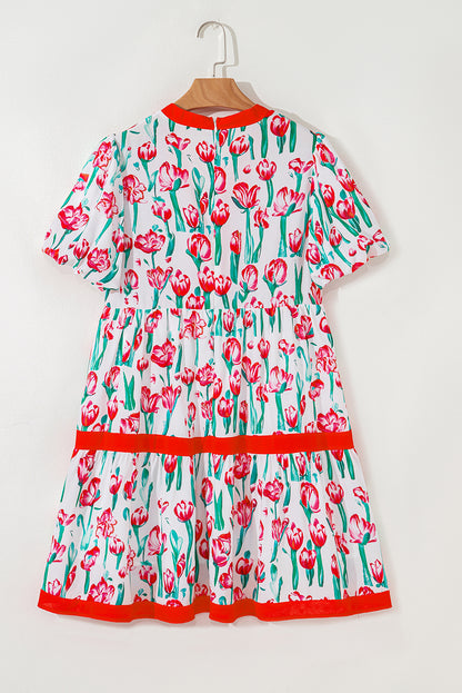 Pink Floral Print Bubble Sleeve Babydoll Pop of Color Neckline Dress
