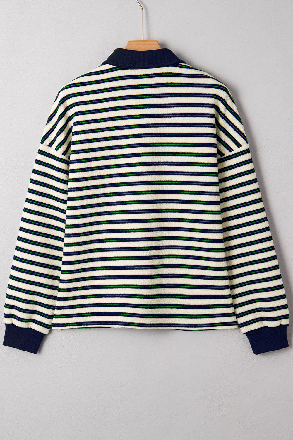 Navy Blue Pop of Color Zipper V Neck Striped Long Sleeve Top