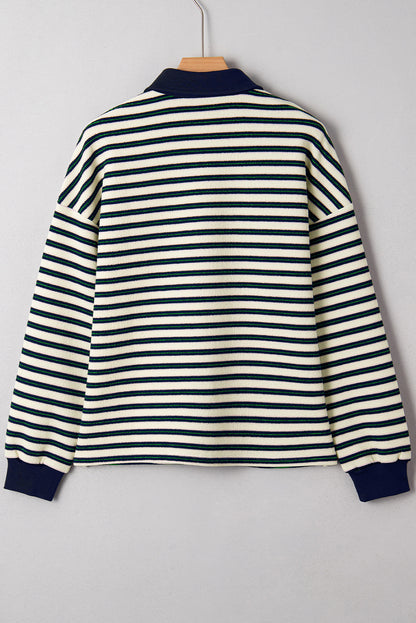 Navy Blue Pop of Color Zipper V Neck Striped Long Sleeve Top