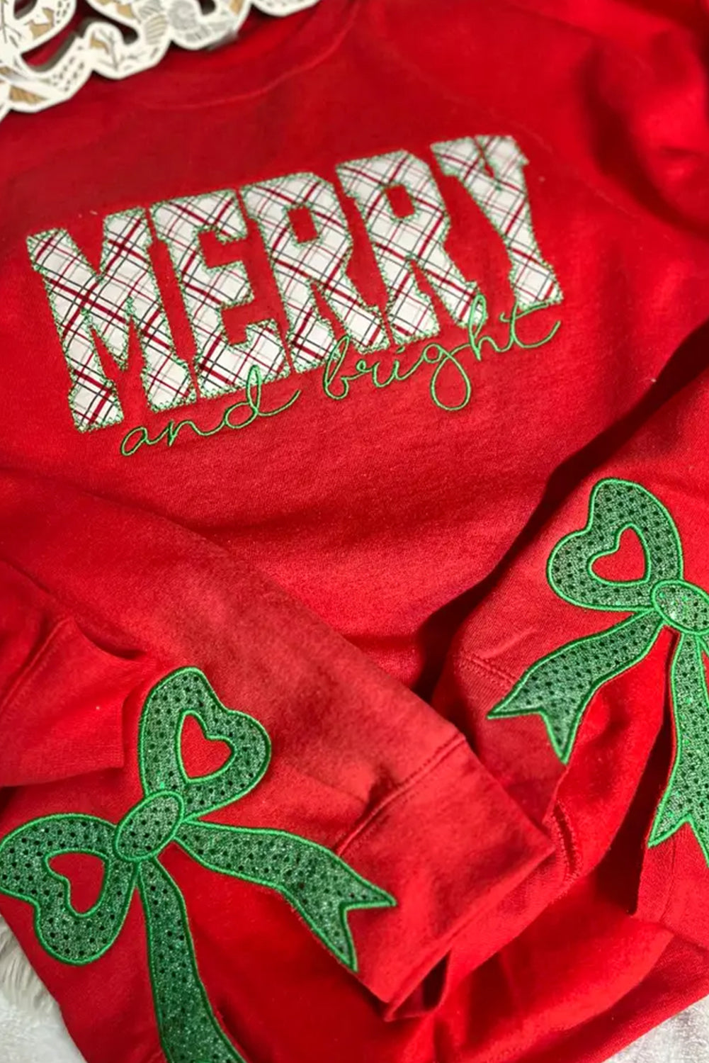 Fiery Red Merry and Bright Plaid Embroidered Letter Sequin Bow Decor Christmas Sweatshirt