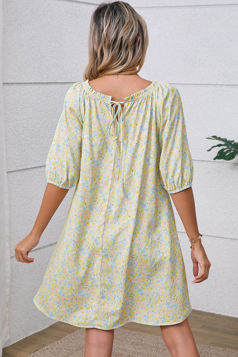 Green Floral Print Tie Neck Puff Sleeve Mini Dress