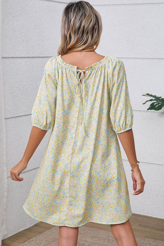 Green Floral Print Tie Neck Puff Sleeve Mini Dress
