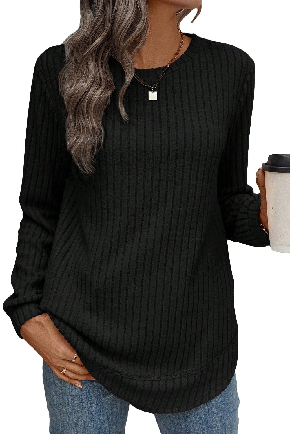 Ribbed Texture Round Neck Long Sleeve Rounded Hem Top