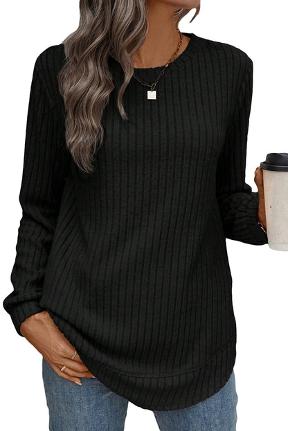 Ribbed Texture Round Neck Long Sleeve Rounded Hem Top