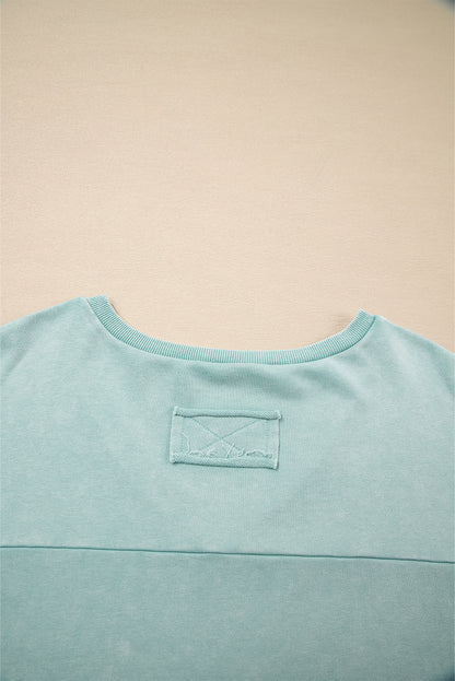 Mist Blue Mineral Wash Exposed Seam Buttoned V Neck Pullover Top