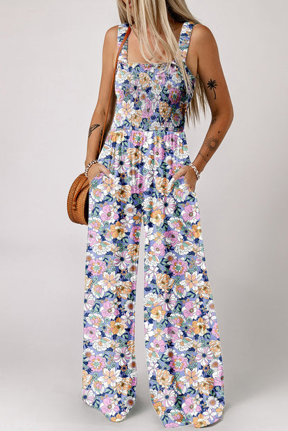 Black Floral Square Neckline Stretch High Waist Jumpsuit