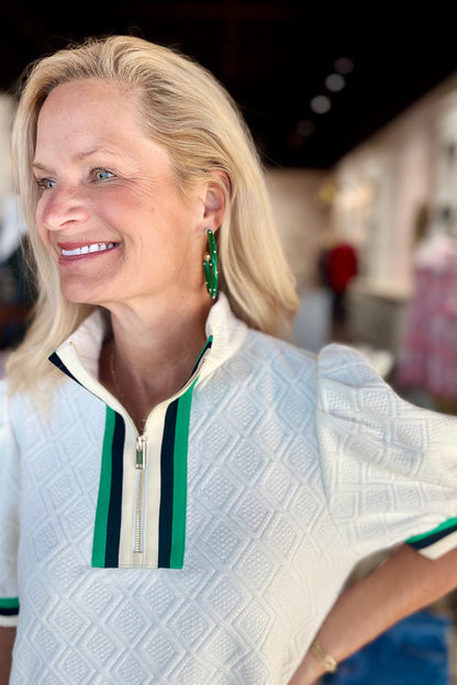 White Pop of Color Neckline Plaid Textured Puff Sleeve Mini Dress