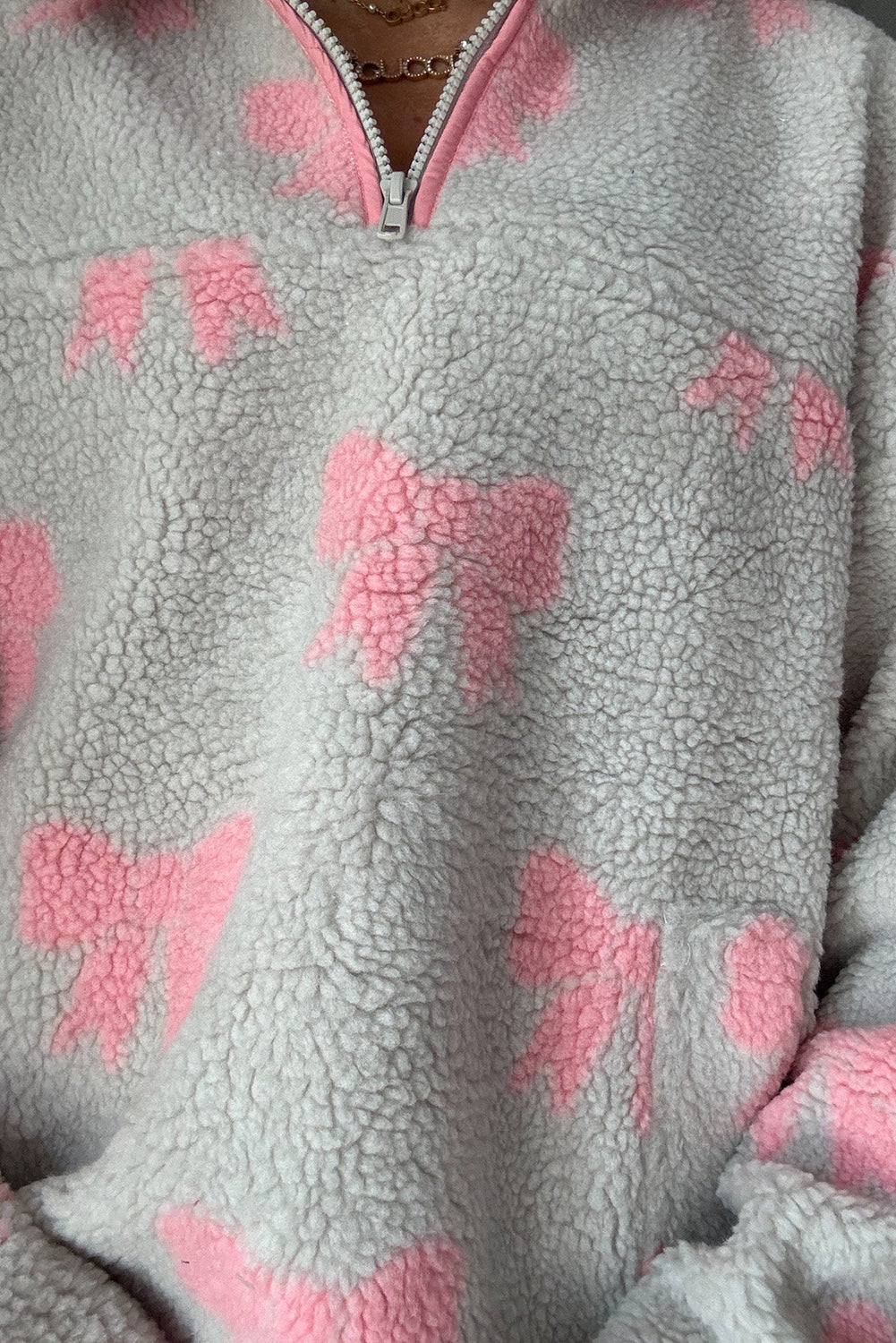 Gray Quarter Zip Bow Pattern Sherpa Baggy Sweatshirt