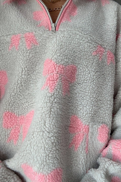 Gray Quarter Zip Bow Pattern Sherpa Baggy Sweatshirt