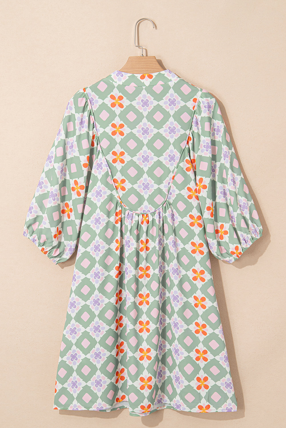 Green Geometric Floral Print 3/4 Sleeve Notched Neck Mini Dress