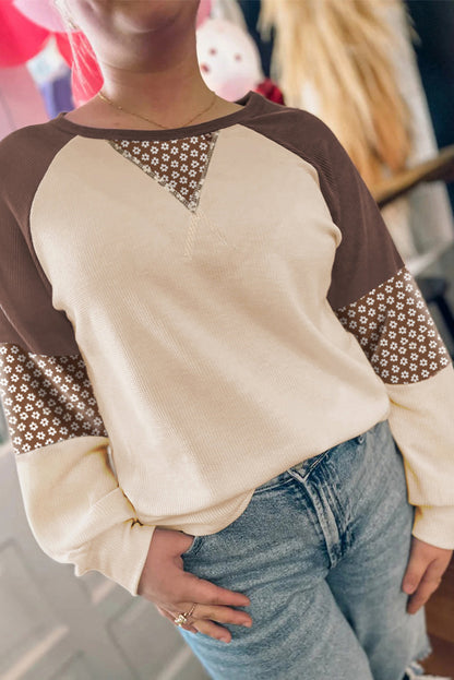 Brown Floral Print Patchwork Colorblock Long Sleeve Top