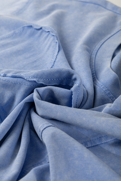 Sky Blue Mineral Wash Flower Patchwork Mini T Shirt Dress