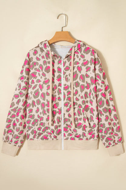Rose Leopard Print Zip Up Hooded Sweatshirt