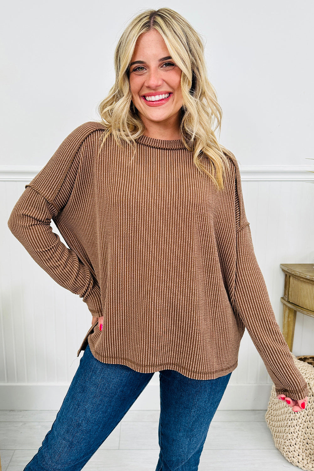 Parchment Twisted Rib Exposed Seam Detail Long Sleeve Loose Top