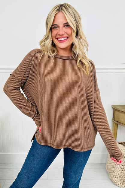 Parchment Twisted Rib Exposed Seam Detail Long Sleeve Loose Top