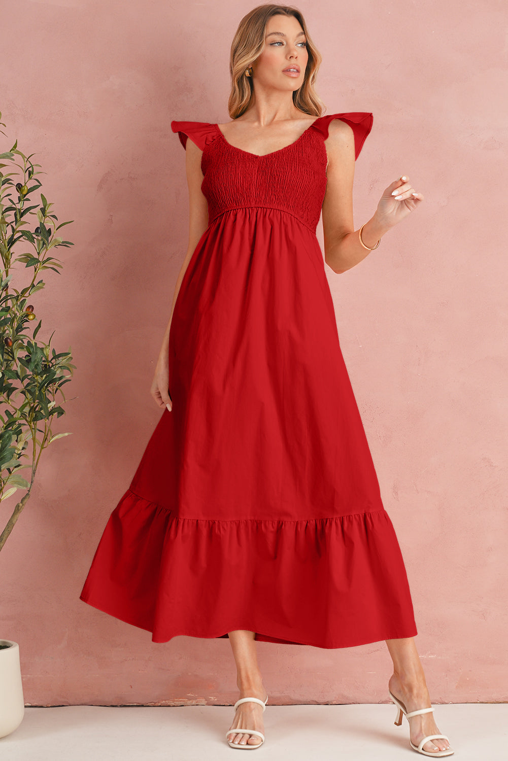 Apricot Pink V Neck Flutter Sleeve Smocked Bodice High Waist Ruffle Maxi Dress