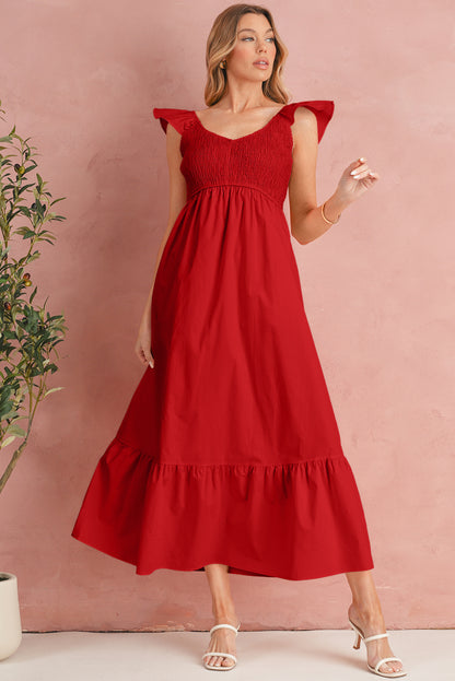 Apricot Pink V Neck Flutter Sleeve Smocked Bodice High Waist Ruffle Maxi Dress