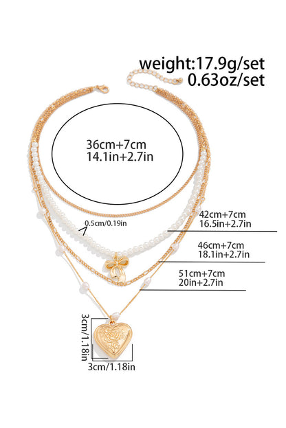 Gold Heart Pendant Pearl Chain Multi Layer Necklace