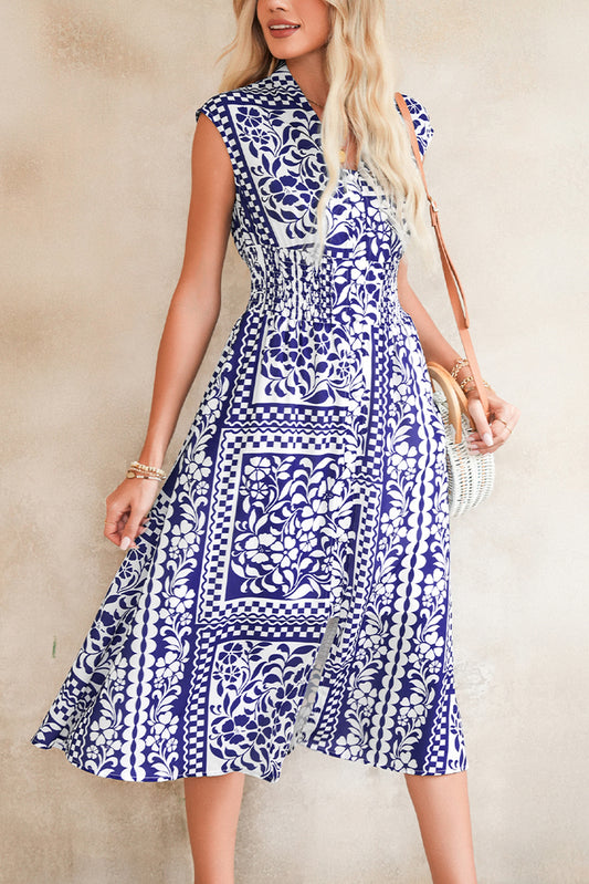 Dirty Blue Floral Print Smocked Waist Sleeveless Dress