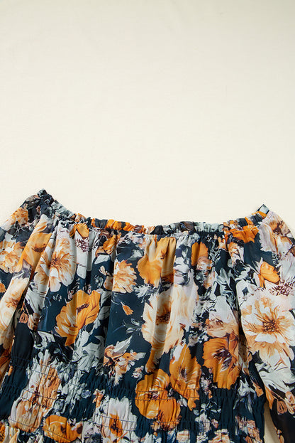 Blue Floral Off Shoulder Bell Sleeve Smocked Peplum Top